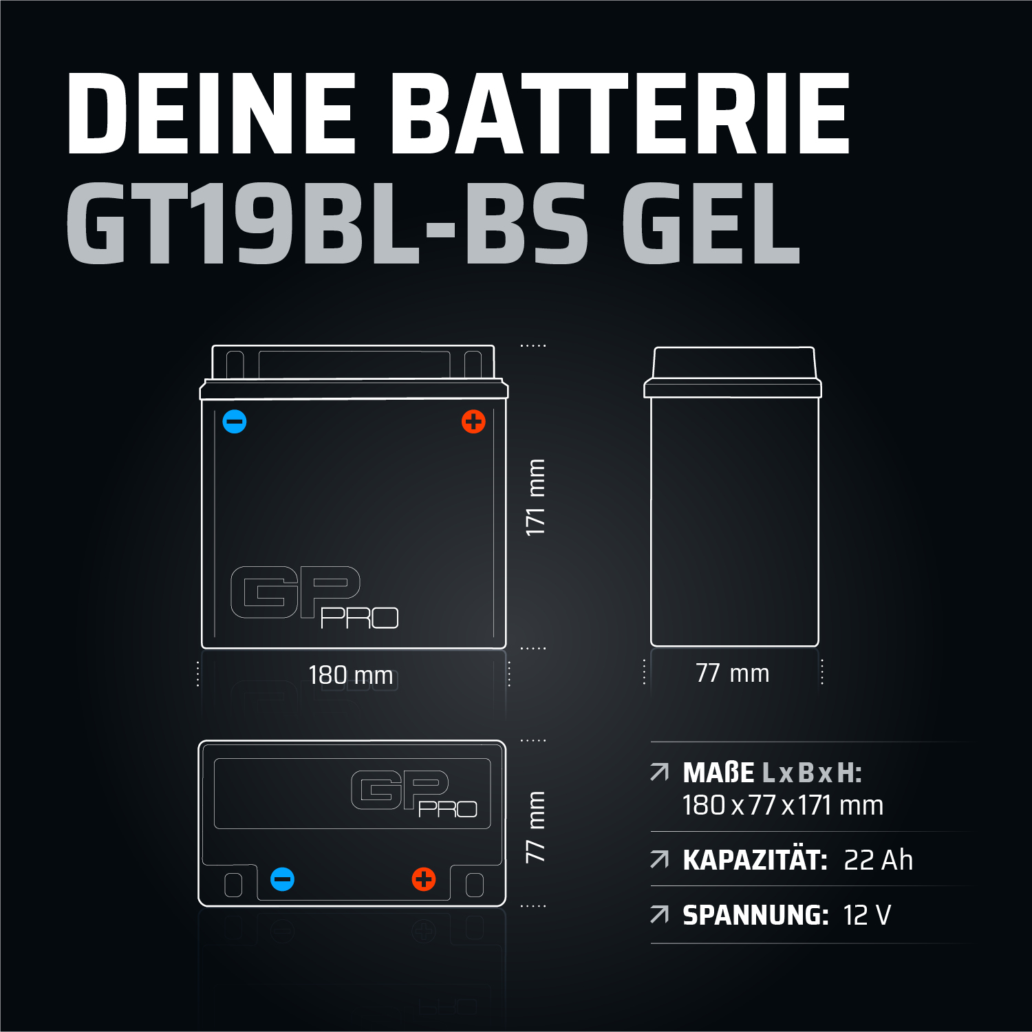 GP-PRO Gel Battery 12V 22Ah 51913 GT19BL-BS Battery motorbike