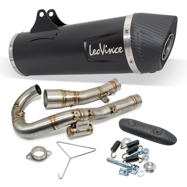 Système d'échappement complet LeoVince NERO RACING acier inoxydable noir, embout en carbone et protection thermique pour Husqvarna 701 Enduro / LR / Supermoto année 2017 - 2020 E4 / année 2021 - 2024 E5