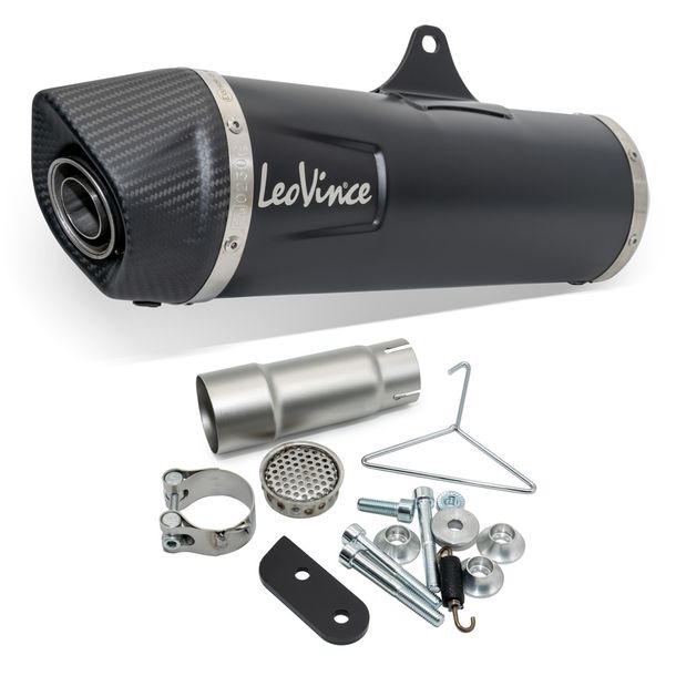 Silenziatore posteriore LeoVince NERO RACING in acciaio inossidabile nero, tappo in carbonio per Peugeot Metropolis 400i anno 2013 - 2016 E3