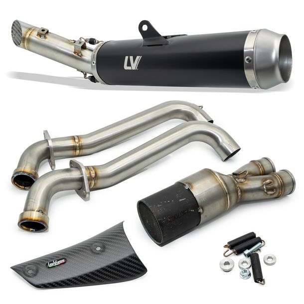 Sistema de escape completo LeoVince LV RACE Black Edition con catalizador y homologación, acero inoxidable negro y protector térmico de carbono para Suzuki GSX-8S 800 año 2023 - 2024 E5
