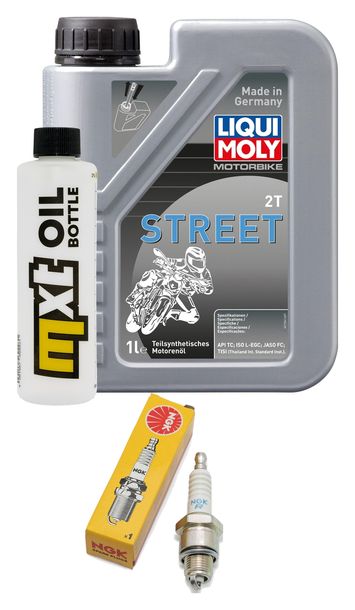 Inspectiepakket 1L 2-takt olie + 1x bougie voor Keeway Matrix SP, TGB Hawk Adly Silver Fox Yamaha Zuma II REX Flash Luxxon Uno GTA RX Noble Escape Bj. 1999 - 2009