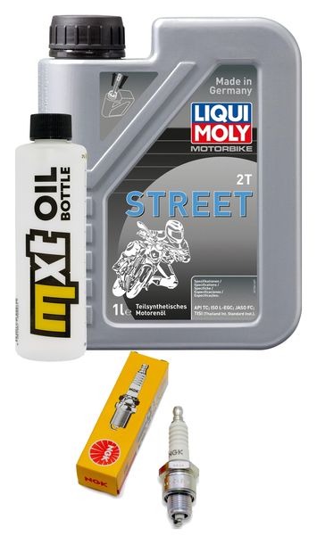 Inspektionspaket 1L 2-Takt-Öl + 1x Zündkerze für Derbi Hunter 50 ccm