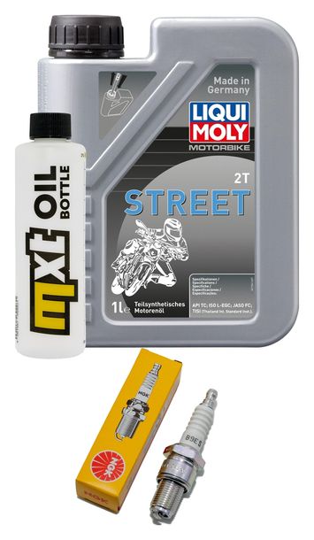 Inspektionspaket 1L 2-Takt-Öl + 1x Zündkerze für Gilera Typhoon, Italjet Dragster 1 Piaggio TPH Hexagon LXT Runner SP X XR FXR 80 - 180 ccm Bj. 1997 - 1998