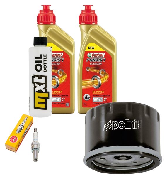 Paquete de inspección 2L 5W-40 + filtro de aceite + 1x bujía para Peugeot Satelis, Piaggio X9 400 / 500 ccm Año 2001