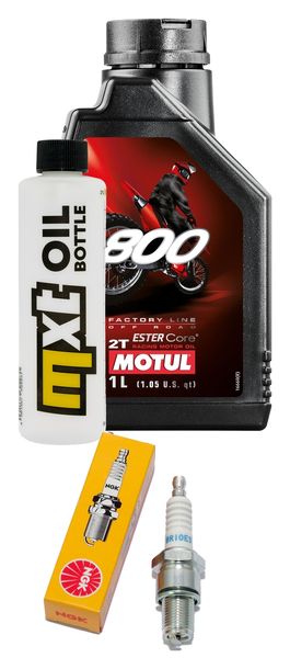 Inspektionspaket 1L 2-Takt-Öl + 1x Zündkerze für Derbi GP1 Revolution 50 ccm