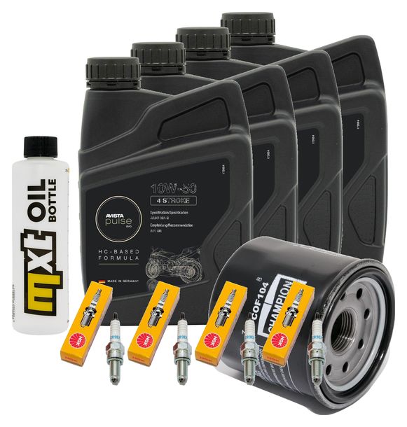 Inspektionspaket 4L 10W-50 + Ölfilter + 4x Zündkerze für Kawasaki Z 1000 ccm Bj. 2006