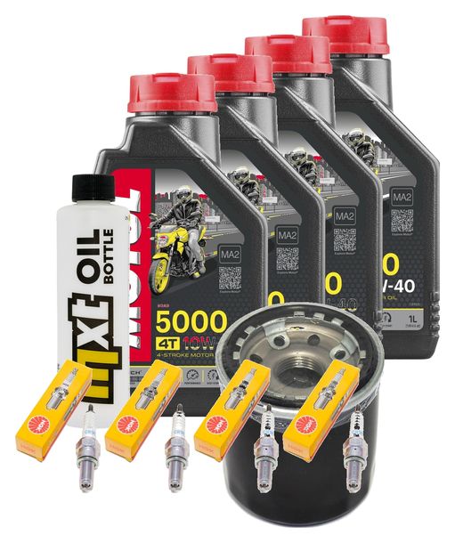 Inspektionspaket 4L 10W-40 + Ölfilter + 4x Zündkerze für Kawasaki ZX-6R 600 ccm Bj. 1998 - 2001
