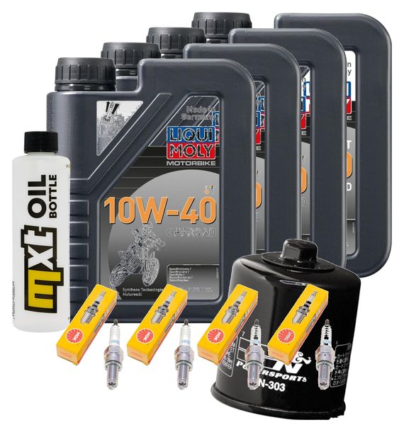 Pacchetto di ispezione 4L 10W-40 + filtro olio + 4x candela per Kawasaki ZX-6R 600 ccm Anno 2002