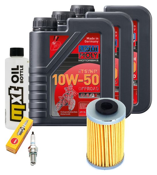 Inspektionspaket 3L 10W-50 + Ölfilter + 1x Zündkerze für KTM LC4 Adventure R 640 ccm Bj. 2000 - 2002