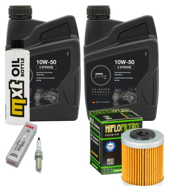 Inspektionspaket 2L 10W-50 + Ölfilter + 2x Zündkerze für KTM SMC R ABS 690 ccm Bj. 2014 - 2017