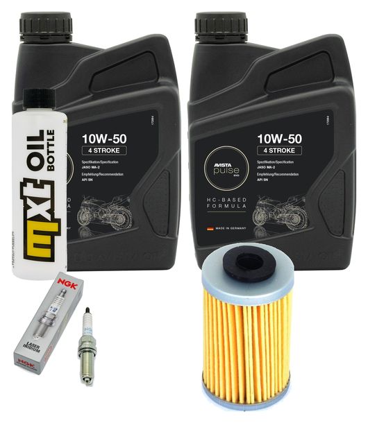 Inspektionspaket 2L 10W-50 + Ölfilter + 2x Zündkerze für KTM SMC R ABS 690 ccm Bj. 2014 - 2017