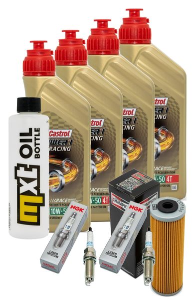 Inspektionspaket 4L 10W-50 + Ölfilter + 4x Zündkerze für KTM Super Duke R 1290 ccm Bj. 2014 - 2016