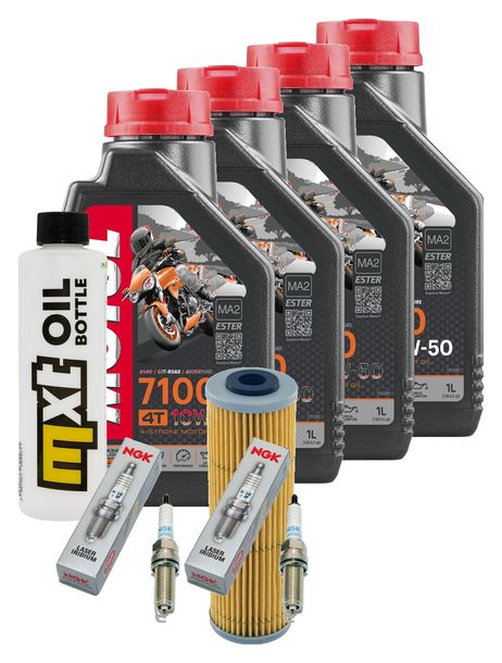 Inspektionspaket 4L 10W-50 + Ölfilter + 4x Zündkerze für KTM Super Duke R 1290 ccm Bj. 2014 - 2016