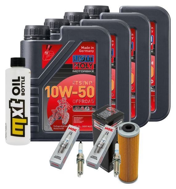 Inspektionspaket 4L 10W-50 + Ölfilter + 4x Zündkerze für KTM Super Duke R 1290 ccm Bj. 2014 - 2016