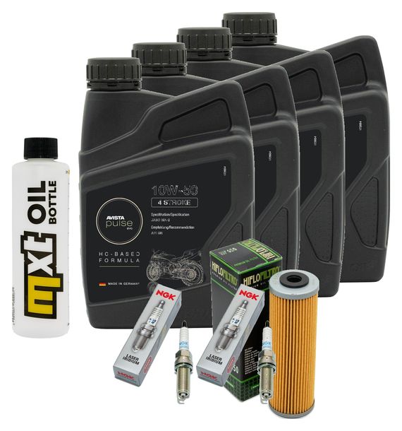 Inspektionspaket 4L 10W-50 + Ölfilter + 4x Zündkerze für KTM Super Duke R 1290 ccm Bj. 2014 - 2016