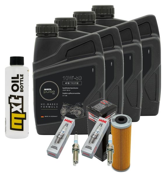 Inspektionspaket 4L 10W-50 + Ölfilter + 4x Zündkerze für KTM Super Duke R 1290 ccm Bj. 2014 - 2016