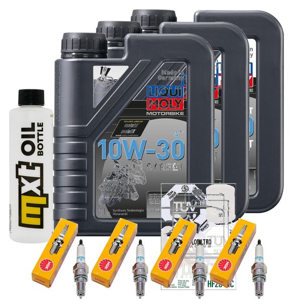 Inspektionspaket 3L 10W-30 + Ölfilter + 4x Zündkerze für Honda CBR F 600 ccm Bj. 2013