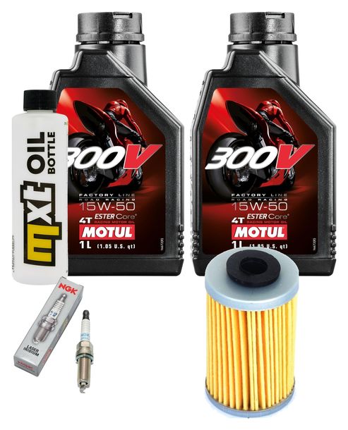 Inspektionspaket 2L 15W-50 + Ölfilter + 1x Zündkerze für KTM RC, Husqvarna Svartpilen Vitpilen Adventure 390 / 401 ccm Bj. 2018 - 2021