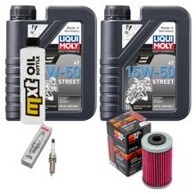 Inspectiepakket 2L 15W-50 + Oliefilter + 1x Bougie voor KTM RC, Husqvarna Svartpilen Vitpilen Adventure 390 / 401 ccm Bj. 2018 - 2021