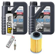 Inspectiepakket 2L 15W-50 + Oliefilter + 1x Bougie voor KTM RC, Husqvarna Svartpilen Vitpilen Adventure 390 / 401 ccm Bj. 2018 - 2021