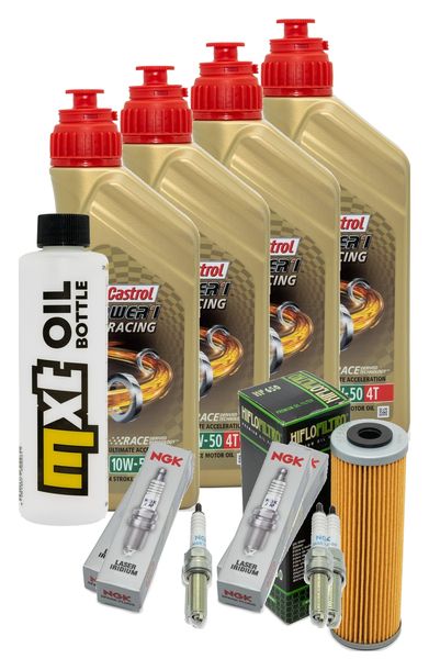 Inspektionspaket 4L 10W-50 + Ölfilter + 4x Zündkerze für KTM Super Adventure 1290 ccm Bj. 2018 - 2019