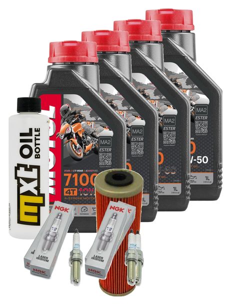 Inspektionspaket 4L 10W-50 + Ölfilter + 4x Zündkerze für KTM Super Adventure 1290 ccm Bj. 2018 - 2019