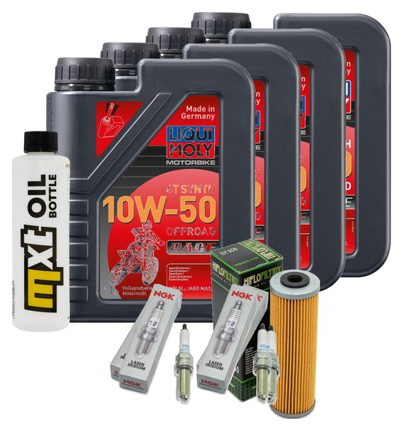 Inspektionspaket 4L 10W-50 + Ölfilter + 4x Zündkerze für KTM Super Adventure 1290 ccm Bj. 2018 - 2019