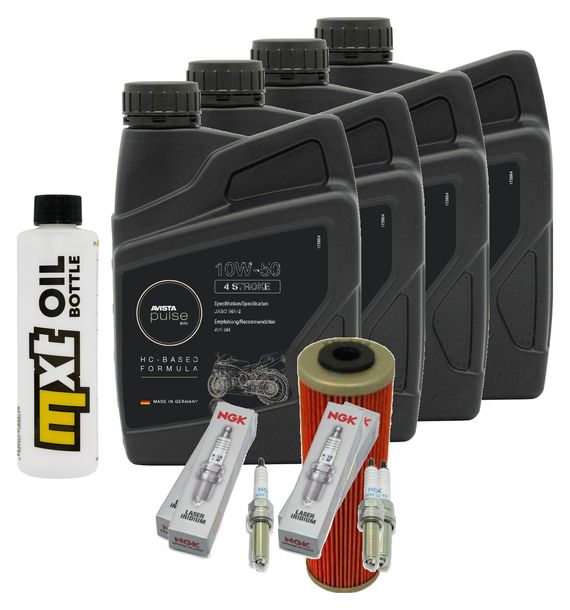 Inspektionspaket 4L 10W-50 + Ölfilter + 4x Zündkerze für KTM Super Adventure 1290 ccm Bj. 2018 - 2019