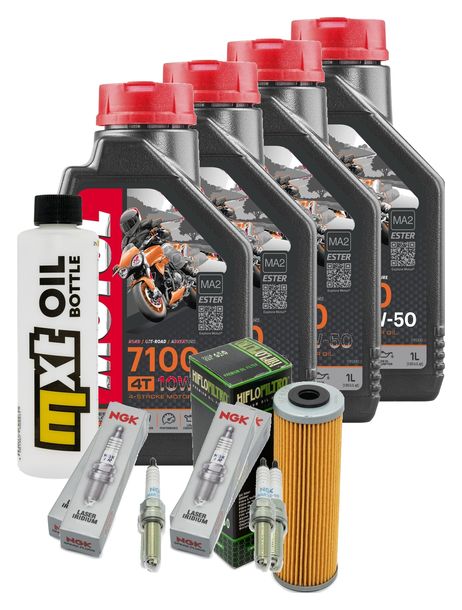 Inspektionspaket 4L 10W-50 + Ölfilter + 4x Zündkerze für KTM Super Adventure 1290 ccm Bj. 2018 - 2019