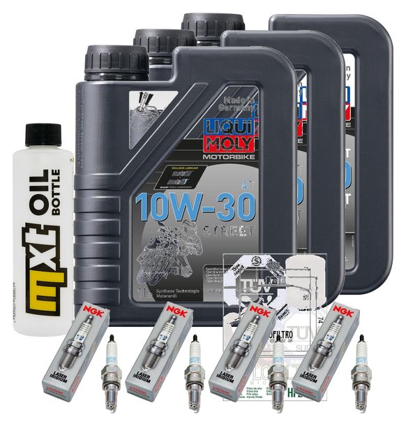 Inspektionspaket 3L 10W-30 + Ölfilter + 4x Zündkerze für Honda CBR RR Fireblade 1000 ccm Bj. 2017