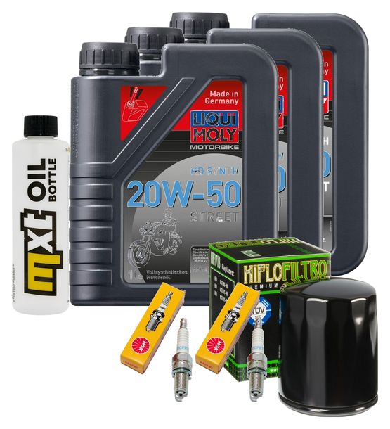 Inspektionspaket 3L 20W-50 + Ölfilter + 2x Zündkerze für Harley Davidson FXDF Dyna Fat Bob 1584 ccm Bj. 2008 - 2009