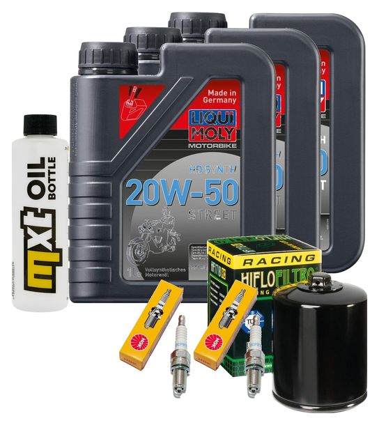 Inspektionspaket 3L 20W-50 + Ölfilter + 2x Zündkerze für Harley Davidson FXDF Dyna Fat Bob 1584 ccm Bj. 2008 - 2009