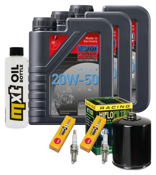 Inspektionspaket 3L 20W-50 + Ölfilter + 2x Zündkerze für Harley Davidson FXDF Dyna Fat Bob 1584 ccm Bj. 2008 - 2009