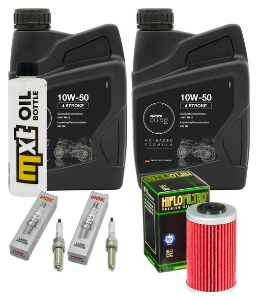 Inspektionspaket 2L 10W-50 + Ölfilter + 2x Zündkerze für Husqvarna Supermoto, KTM SMC R ABS 690 / 701 ccm Bj. 2021 - 2022