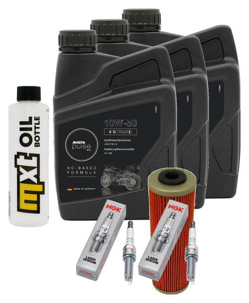 Inspektionspaket 3L 10W-50 + Ölfilter + 2x Zündkerze für KTM Duke R 890 ccm Bj. 2020 - 2021