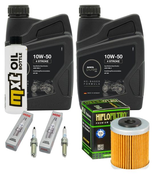 Inspektionspaket 2L 10W-50 + Ölfilter + 2x Zündkerze für Husqvarna Supermoto, KTM SMC R ABS 690 / 701 ccm Bj. 2022 - 2023