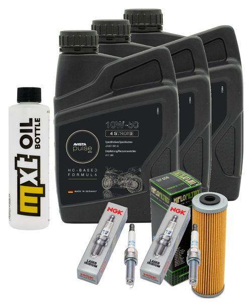 Inspektionspaket 3L 10W-50 + Ölfilter + 2x Zündkerze für KTM Duke R 890 ccm Bj. 2022 - 2023