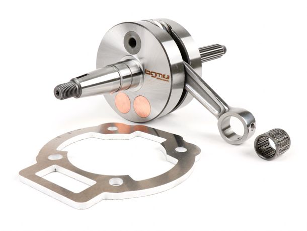 BGM long stroke Evolution 2 crankshaft, 55 mm stroke, 110 mm connecting rod, diameter 90 mm cheeks, including spacer for Piaggio Maxi 2T, Aprilia SR125, Gilera Runner 125FX, 180FXR, Italjet Dragster 125, 180, Piaggio SKR125, TPH125, Skipper