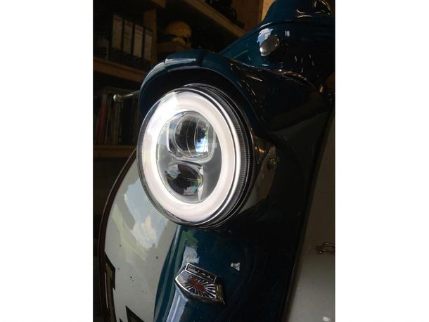Moto Nostra LED HighPower headlight set including mounting frame Ø 120mm 12V DC with approval for Lambretta LI series 1-2
