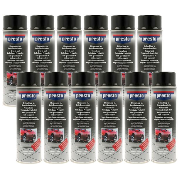 12 boîtes de protection du dessous de caisse en aérosol Presto 306024 UBS protection contre les gravillons, noir à peindre, 500ml