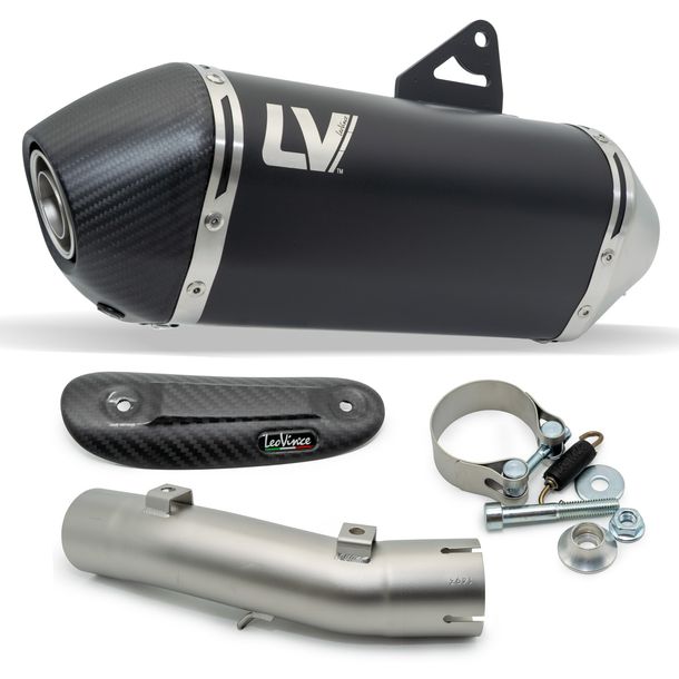 Silenziatore finale LeoVince LV-14 RACING Black Edition in acciaio inossidabile nero, tappo in carbonio e scudo termico per Honda XL 750 Transalp Urban / Easy Travel / Travel Edition anno 2023 - 2024 E5 / anno 2025 - 2026 E5+