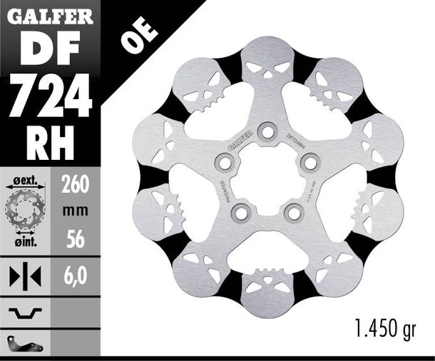 Disco freno Galfer DF724RH WAVE® SKULL DESIGN con approvazione ECE R90, rigido posteriore 260x6mm per Harley Davidson Sportster Custom XLC Street XG XL L Super Low N Iron XR 750 - 1923 ccm Anno 2004 - 2024