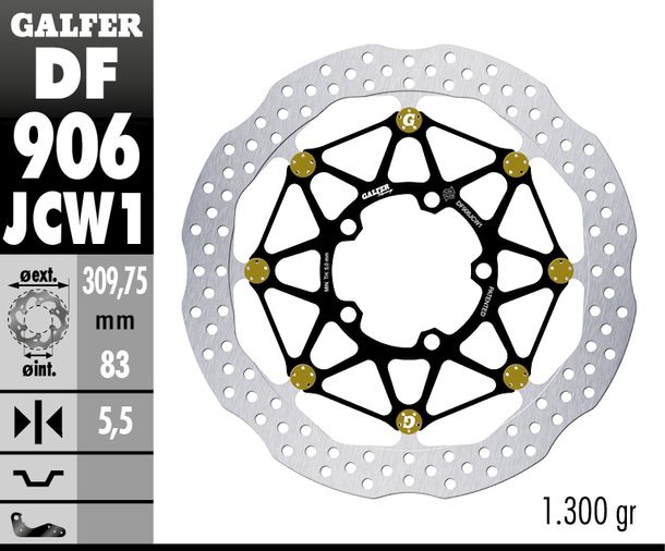 Remschijf Galfer DF906JCW1G03 WAVE® FLOATECH RACING zwevend voor 309,75x5,5mm voor Triumph Bonneville Street Scrambler EFI Cup Twin 900 / 1200 Bouwjaar 2016 - 2024