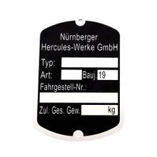 Typenschild MOGA Aluminium 50x35mm schwarz 504 947 00 01 für Hercules Prima 1-6, GT, GX, Presto, Pronto, KX 5, Supra 2 D, Optima, MX 1, MF, MP, M 1-5, P 1-3, HR 1