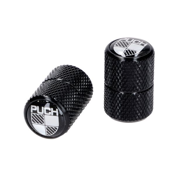 Black valve caps with white logo for Puch