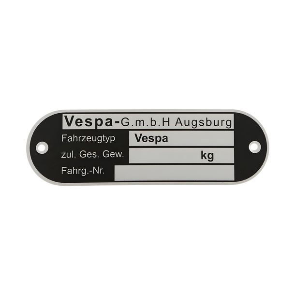 Vespa GmbH Augsburg SIP Spareparts 80x25x1mm naamplaatje voor Vespa 1962-1967