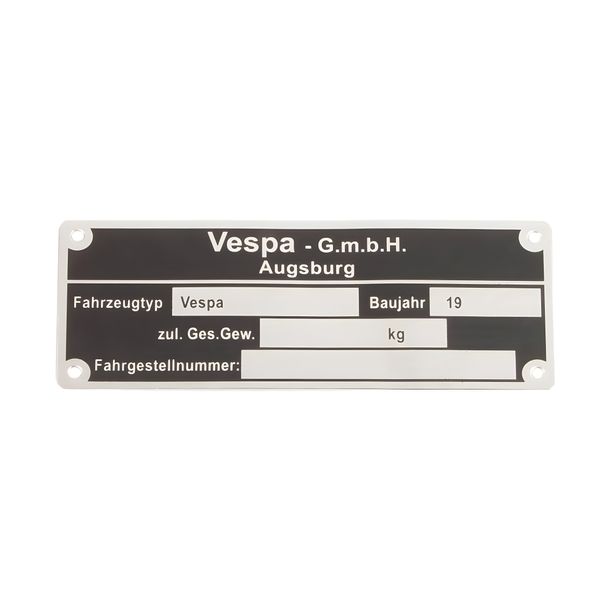 Plaquette d'identification Vespa GmbH Augsburg SIP Spareparts 80x30x1,0mm pour Vespa 1958-1961