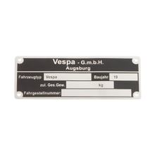 Targhetta identificativa Vespa GmbH Augsburg SIP Spareparts 80x30x1,0mm per Vespa1958-1961