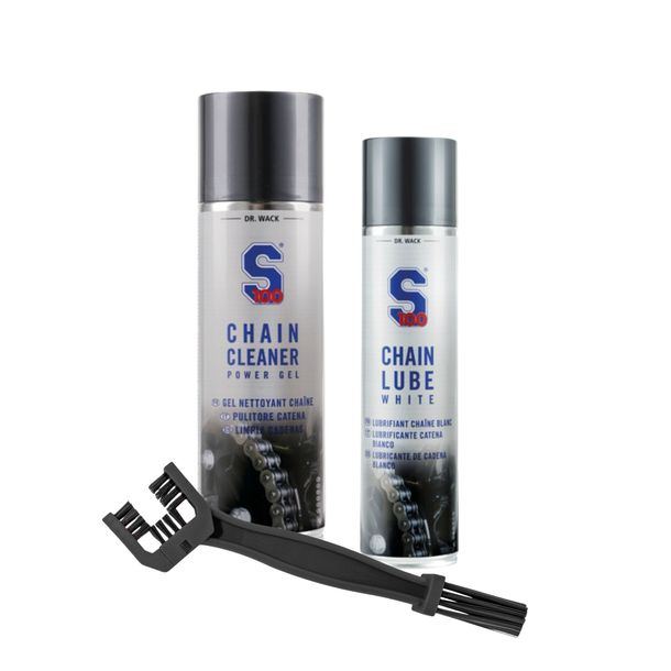 Kit d'entretien de chaîne de moto S100 Premium - Spray pour chaînes blanc 400 ml + nettoyant pour chaîne 300 ml + brosse à chaîne - Kit économique complet d'entretien des chaînes