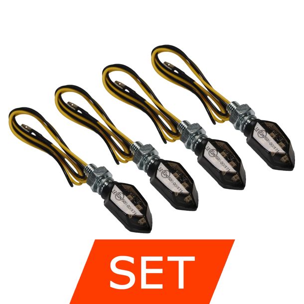 Set indicatori di direzione Mini LED MXT omologati 12V neri fumé universali, 4 pezzi per moto / scooter / Sumo / Enduro